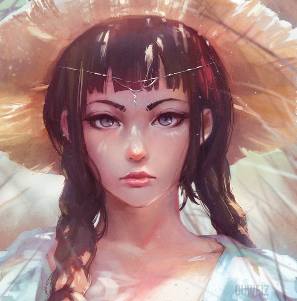 Anime picture 900x914 with original guweiz single long hair tall image fringe blue eyes brown hair signed payot upper body blunt bangs braid (braids) lips sunlight realistic shadow lipstick twin braids watermark