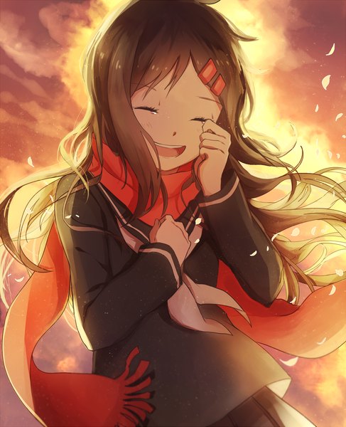 Anime picture 1150x1418 with kagerou project shaft (studio) tateyama ayano domik single long hair tall image open mouth brown hair sky eyes closed wind tears evening sunset ^ ^ ^o^ happy tears girl uniform