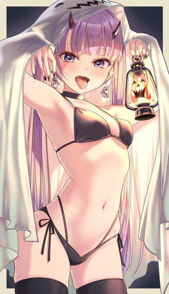 Anime picture 1155x2000 with new game! doga kobo suzukaze aoba tokunou shoutarou single long hair tall image looking at viewer blush fringe open mouth light erotic purple eyes holding purple hair blunt bangs nail polish horn (horns) arms up halloween
