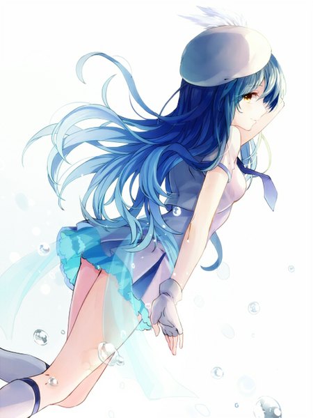 Anime picture 600x800 with love live! school idol project sunrise (studio) love live! sonoda umi rio.lw single long hair tall image looking at viewer simple background smile white background yellow eyes blue hair looking back girl dress gloves hat water