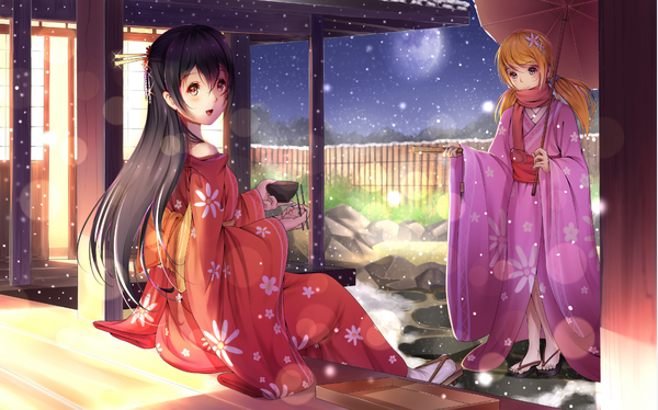 Anime picture 1216x758 with original kr (sapphire) long hair blush open mouth blue eyes black hair blonde hair wide image multiple girls brown eyes traditional clothes japanese clothes night snowing winter snow girl 2 girls kimono