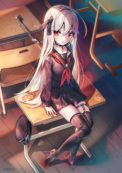 Anime picture 1060x1500 with girls frontline kar98k (girls frontline) snow is single long hair tall image looking at viewer blush fringe open mouth smile hair between eyes red eyes sitting signed payot silver hair ahoge indoors long sleeves