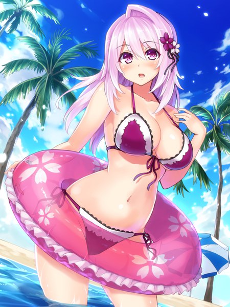 Anime picture 600x800 with cu-no yayoi sakura hisenkaede single long hair tall image looking at viewer blush fringe breasts open mouth light erotic hair between eyes large breasts standing holding payot pink hair sky cleavage