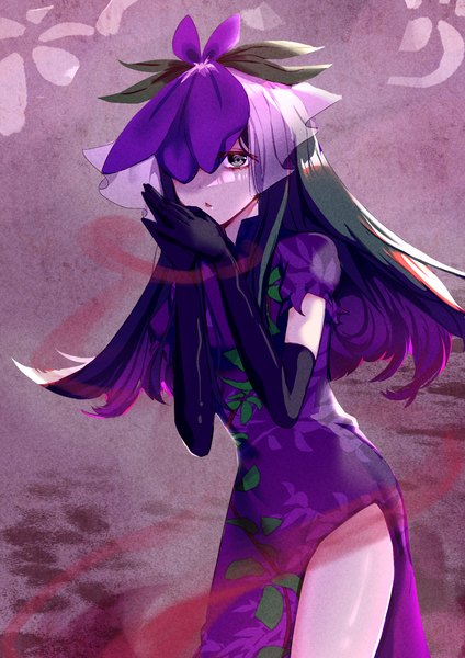 Anime picture 1200x1700 with touhou unfinished dream of all living ghost yomotsu hisami yyxw5385 single long hair tall image black hair standing purple eyes purple hair multicolored hair side slit colored inner hair hands clasped girl dress gloves flower (flowers) black gloves