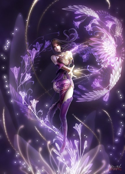 Anime picture 1024x1422 with anima wen-m single long hair tall image black hair purple eyes bare shoulders cleavage light smile lips realistic magic light girl thighhighs flower (flowers) ribbon (ribbons) pendant
