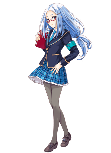 Anime picture 640x880 with girlfriend (kari) kiryuu noriko qp:flapper single long hair tall image looking at viewer blue eyes blue hair full body light smile official art hand on hip transparent background girl uniform school uniform pantyhose glasses book (books)