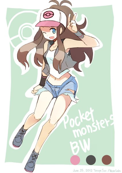 Anime picture 905x1280 with pokemon pokemon black and white nintendo hilda (pokemon) seo tatsuya single long hair tall image looking at viewer open mouth blue eyes brown hair ponytail one eye closed wink victory girl shorts vest flat cap