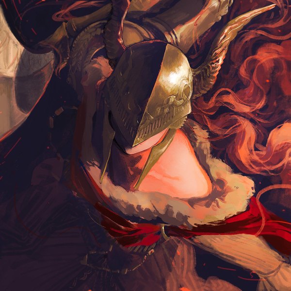 Anime picture 1080x1080 with elden ring malenia blade of miquella keikoku (kujira) single long hair red hair from above fur trim blindfold girl dress fur helmet fur collar blade