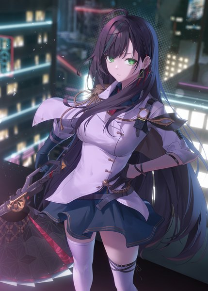 Anime picture 2859x4000 with tower of fantasy lin (tower of fantasy) aya (lezon) single long hair tall image looking at viewer fringe highres black hair standing holding green eyes ahoge outdoors braid (braids) wind night mole depth of field