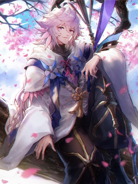 Anime picture 1875x2500 with fate (series) fate/grand order merlin (fate) honyaru (nanairo39) single long hair tall image looking at viewer fringe highres hair between eyes sitting purple eyes silver hair ahoge cherry blossoms tree sitting boy petals tassel