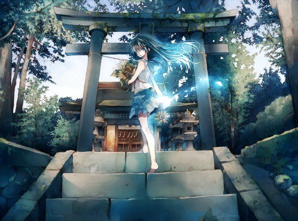 Anime picture 1007x748 with original tsukioka tsukiho single long hair blue eyes bare shoulders blue hair pleated skirt looking back barefoot green hair bare legs girl skirt flower (flowers) plant (plants) miniskirt tree (trees) bouquet stairs