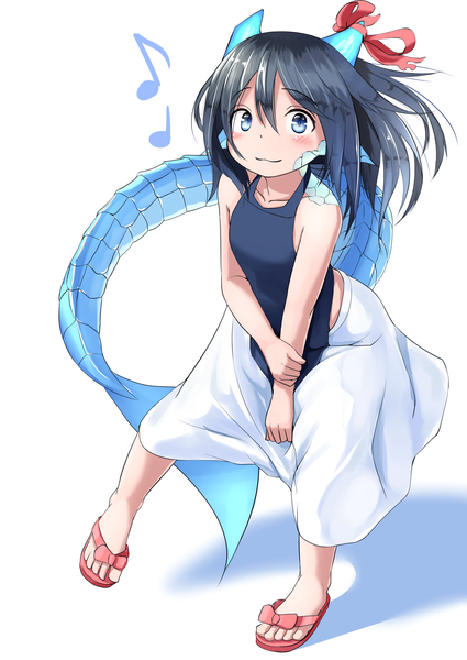 Anime-Bild 1756x2479 mit original leaf-chan kagarimachi konatsu single tall image looking at viewer fringe highres short hair blue eyes black hair simple background hair between eyes standing white background bare shoulders full body tail horn (horns) from above
