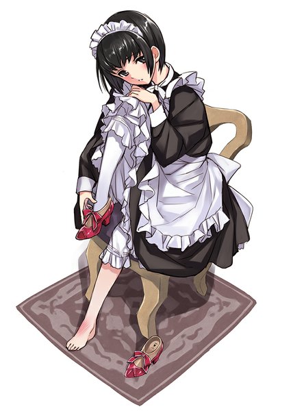 Anime picture 708x1000 with shirley (manga) shirley madison matsuryuu single tall image looking at viewer short hair black hair simple background white background sitting black eyes maid girl dress shoes headdress maid headdress white socks apron