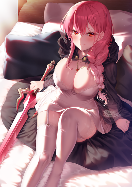 Anime picture 3035x4299 with original ia (ias1010) single long hair tall image looking at viewer blush fringe highres breasts light erotic smile hair between eyes red eyes large breasts sitting pink hair absurdres cleavage bent knee (knees)