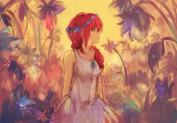 Anime picture 1439x1007 with original pancake-waddle single standing bare shoulders red hair profile orange eyes sketch girl dress flower (flowers) bow white dress wreath