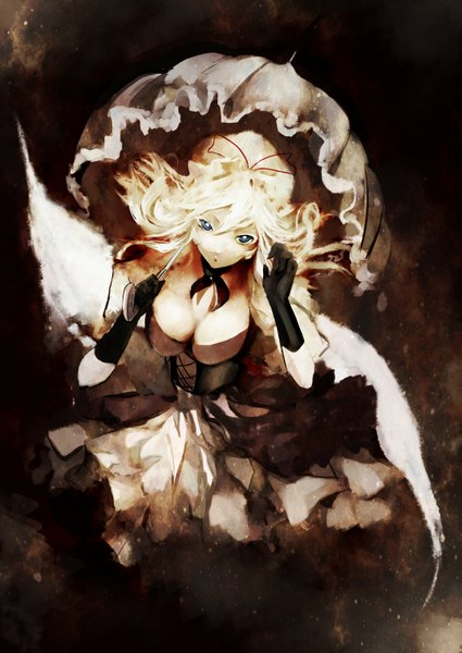 Anime picture 1078x1522 with touhou yakumo yukari kataru (ubw-emiya) single long hair tall image fringe breasts blue eyes blonde hair holding cleavage from above alternate color girl dress gloves black gloves umbrella corset