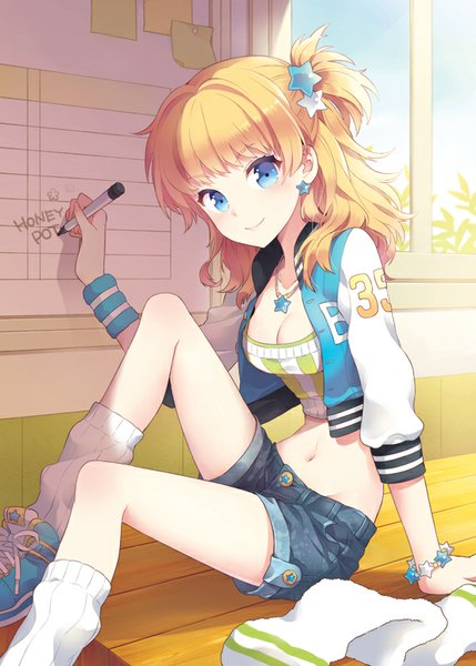 Anime picture 572x800 with original nardack single long hair tall image looking at viewer blue eyes blonde hair smile sitting indoors open clothes arm support open jacket midriff one side up girl navel hair ornament jacket