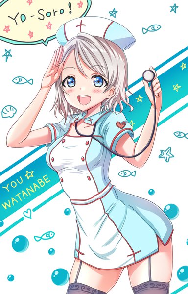 Anime picture 2976x4644 with love live! sunshine!! sunrise (studio) love live! watanabe you tenzeru single tall image looking at viewer blush fringe highres short hair open mouth blue eyes simple background smile hair between eyes standing white background holding