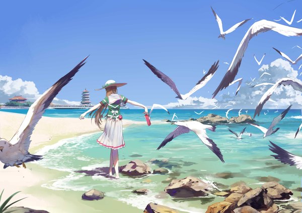 Anime picture 3507x2480 with original stflash single long hair highres brown hair absurdres sky cloud (clouds) pleated skirt barefoot beach spread arms flock girl skirt uniform hat animal serafuku