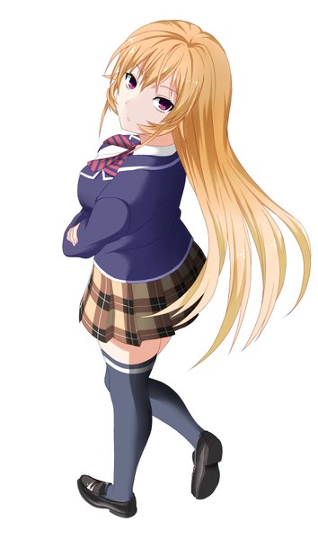 Anime picture 2125x3600 with shokugeki no soma j.c. staff nakiri erina nemui (1014karosu) single long hair tall image looking at viewer fringe highres breasts simple background blonde hair white background pink eyes looking back from above girl thighhighs skirt