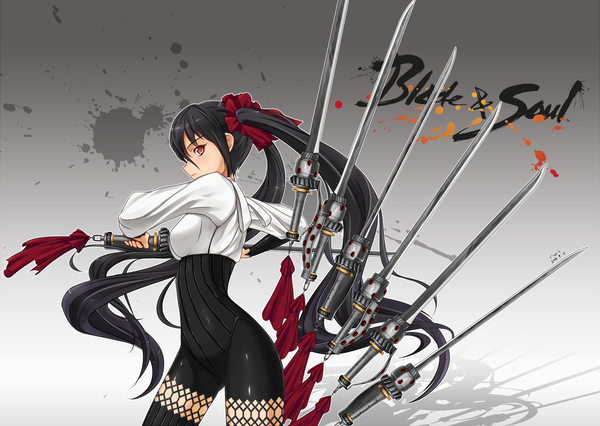 Anime picture 2000x1420 with blade & soul midnight (artist) single highres black hair red eyes twintails looking away very long hair profile grey background girl weapon sword