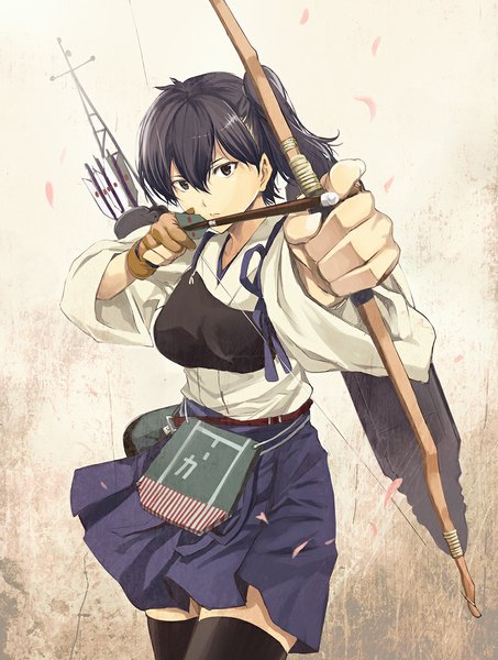 Anime picture 839x1109 with kantai collection kaga aircraft carrier tomozo kaoru single tall image looking at viewer short hair black hair brown eyes ponytail traditional clothes side ponytail girl thighhighs weapon black thighhighs petals armor bow (weapon) breastplate