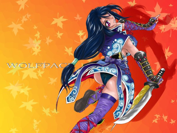 Anime picture 1600x1200 with wolfpack highres breasts light erotic black hair purple eyes ass erect nipples sideboob covered nipples sword