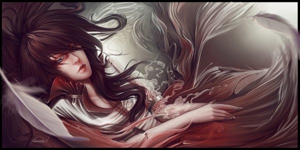 Anime picture 1280x640 with original valentina remenar single long hair brown hair wide image lips realistic smoke girl feather (feathers)