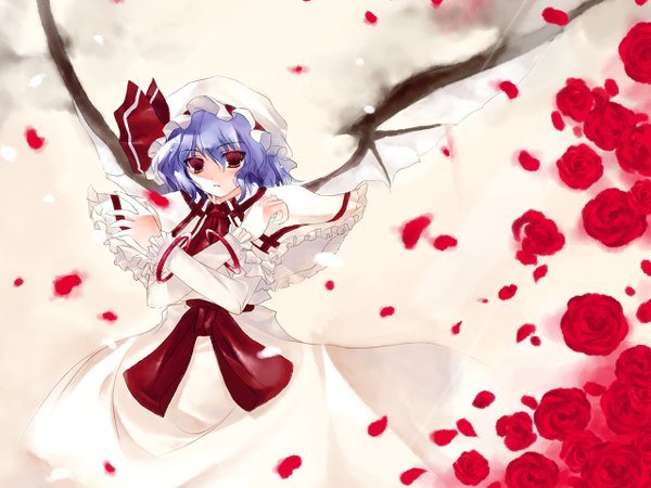 Anime picture 1280x960 with touhou remilia scarlet tagme (artist) white background red background girl flower (flowers) wings rose (roses) red rose