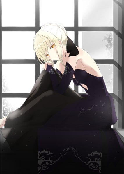 Anime picture 992x1398 with fate (series) fate/stay night type-moon artoria pendragon (all) saber saber alter fuu (fuore) single tall image looking at viewer fringe blonde hair sitting bare shoulders yellow eyes head tilt leaning alternate costume leaning forward bare back
