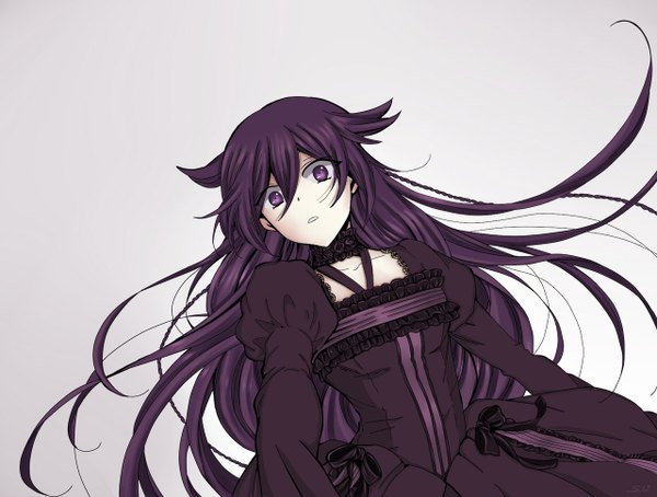 Anime picture 1280x970 with pandora hearts xebec alice (pandora hearts) single long hair looking at viewer fringe simple background hair between eyes white background purple eyes purple hair braid (braids) long sleeves parted lips puffy sleeves side braid gothic girl dress