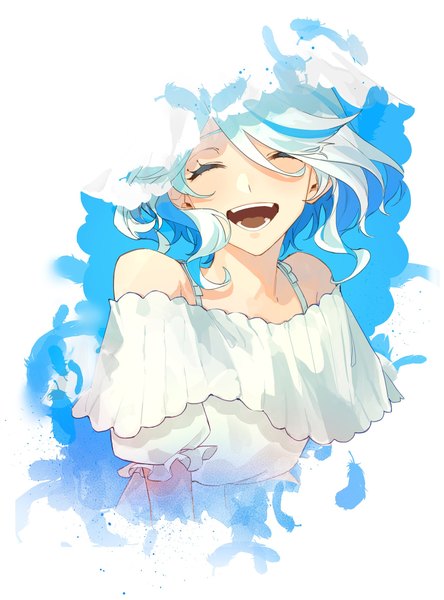 Anime-Bild 1637x2213 mit genshin impact furina (genshin impact) 16 taiji single tall image fringe short hair open mouth simple background smile hair between eyes white background bare shoulders blue hair silver hair upper body eyes closed :d multicolored hair teeth