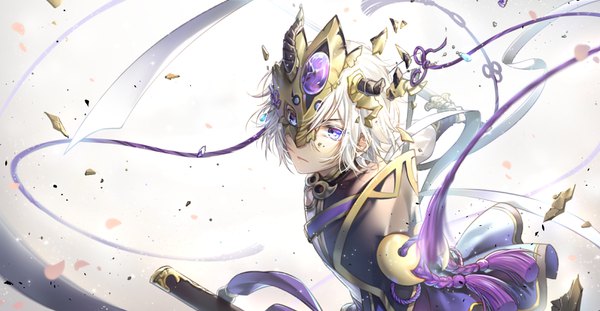 Anime picture 3232x1680 with fate (series) fate/grand order prince of lan ling (fate) kingchenxi single highres short hair wide image purple eyes holding white hair from above expressionless dual wielding boy weapon sword mask tassel debris