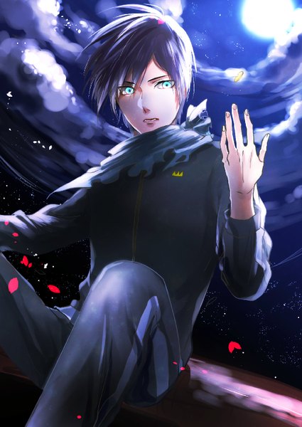 Anime picture 1032x1457 with noragami studio bones yato (noragami) hkm (hsk10) single tall image looking at viewer fringe short hair blue eyes sky purple hair cloud (clouds) parted lips fingernails wind lips night from below night sky