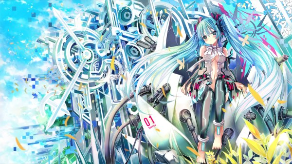Anime picture 2400x1346 with vocaloid vocaloid append hatsune miku (append) shino (eefy) single blush highres blonde hair wide image twintails green eyes very long hair barefoot girl wire (wires)