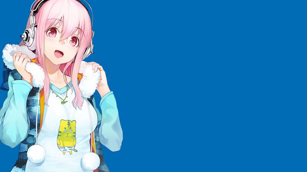 Anime picture 1920x1080 with nitroplus super sonico shirabi single long hair looking at viewer fringe highres open mouth simple background hair between eyes wide image pink hair long sleeves pink eyes wallpaper blue background adjusting hood girl headphones