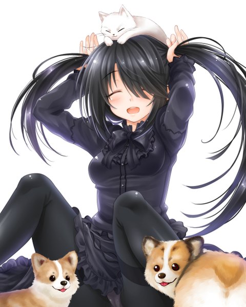 Anime picture 1000x1250 with date a live tokisaki kurumi okitakung long hair tall image blush open mouth light erotic black hair simple background white background twintails eyes closed pantyshot pantyshot sitting ^ ^ ^o^ uneven twintails welsh corgi girl