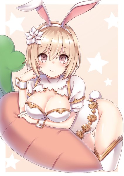 Anime picture 600x849 with granblue fantasy gita (granblue fantasy) yuzu-aki single tall image looking at viewer blush fringe short hair breasts light erotic simple background blonde hair smile hair between eyes red eyes large breasts animal ears tail animal tail