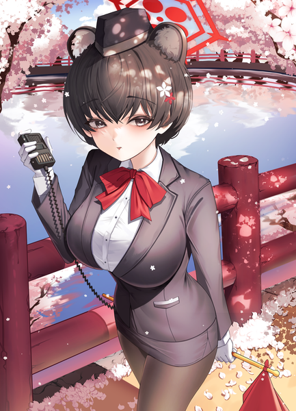 Anime picture 3500x4850 with blue archive tsubaki (blue archive) tsubaki (guide) (blue archive) jaffna single tall image looking at viewer fringe highres short hair black hair hair between eyes standing holding animal ears absurdres outdoors arm up hair flower black eyes