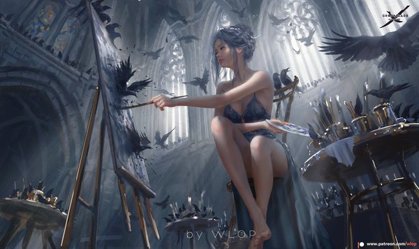 Anime picture 1800x1071 with ghost blade yan (ghost blade) wlop single fringe highres short hair breasts blue eyes wide image sitting bare shoulders holding signed looking away cleavage full body bent knee (knees) indoors parted lips