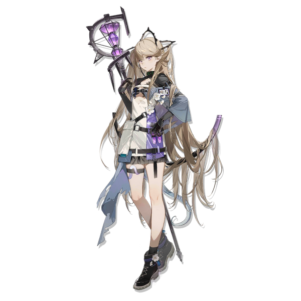 Anime-Bild 1024x1024 mit arknights indigo (arknights) zhibuji loom single fringe blonde hair hair between eyes standing purple eyes looking away full body tail very long hair pointy ears official art hand on hip one side up transparent background girl gloves