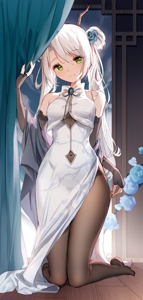 Anime picture 1000x2097 with original bison cangshu single long hair tall image looking at viewer fringe light erotic smile hair between eyes twintails bare shoulders green eyes payot full body white hair indoors traditional clothes parted lips head tilt