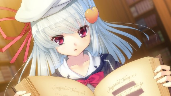 Anime picture 1280x720 with tokeijikake no ley line rito (tokeijikake no ley line) urabi (tomatohouse) single looking at viewer fringe open mouth wide image blue hair game cg indoors pink eyes dutch angle girl hair ornament ribbon (ribbons) hair ribbon hairclip book (books) beret