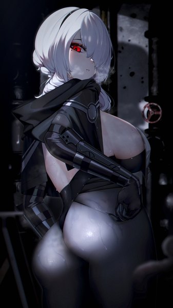 Anime-Bild 1800x3200 mit ash arms il-2 (ash arms) uybh single long hair tall image looking at viewer blush fringe highres breasts light erotic red eyes large breasts standing silver hair ass parted lips looking back from behind