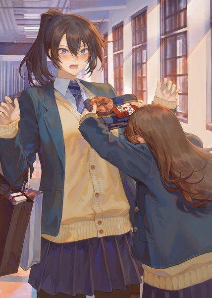 Anime picture 1497x2097 with original oomikado itsuki mashuu (neko no oyashiro) long hair tall image blush fringe open mouth blue eyes hair between eyes brown hair standing multiple girls holding payot ponytail indoors long sleeves pleated skirt open clothes