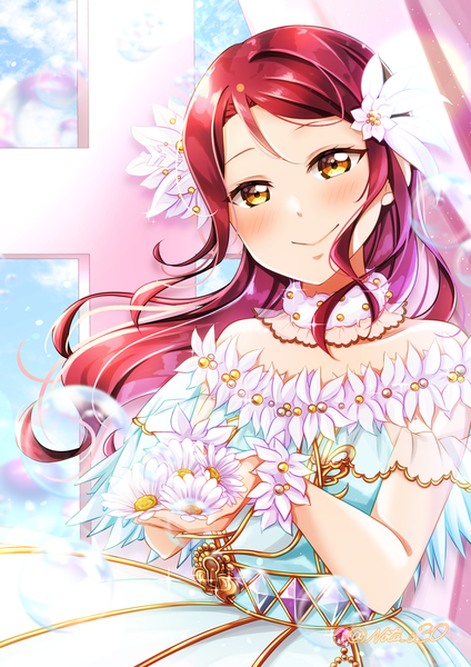 Anime picture 3541x5016 with love live! sunshine!! sunrise (studio) love live! sakurauchi riko nota ika single long hair tall image looking at viewer highres smile signed yellow eyes absurdres upper body red hair twitter username girl dress flower (flowers)