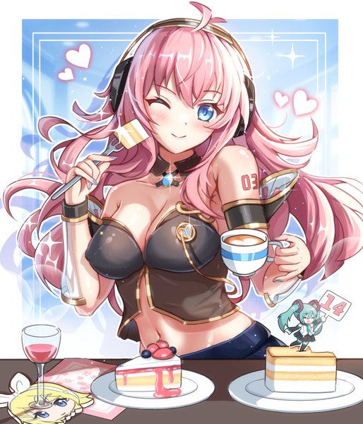 Anime picture 925x1080 with vocaloid hatsune miku megurine luka kagamine rin saylamars single long hair tall image looking at viewer fringe breasts blue eyes light erotic hair between eyes large breasts pink hair cleavage upper body ahoge one eye closed