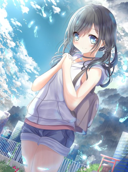 Anime picture 992x1336 with tenki no ko amano hina (tenki no ko) aruka (alka p1) single long hair tall image looking at viewer blush fringe blue eyes black hair smile hair between eyes standing twintails holding sky cloud (clouds) outdoors sunlight