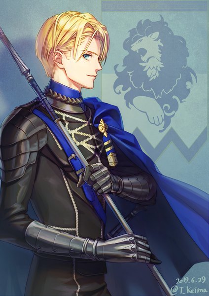 Anime picture 820x1160 with fire emblem fire emblem: three houses nintendo dimitri alexandre blaiddyd t keima single tall image looking at viewer short hair blue eyes blonde hair standing holding signed upper body profile twitter username dated boy armor