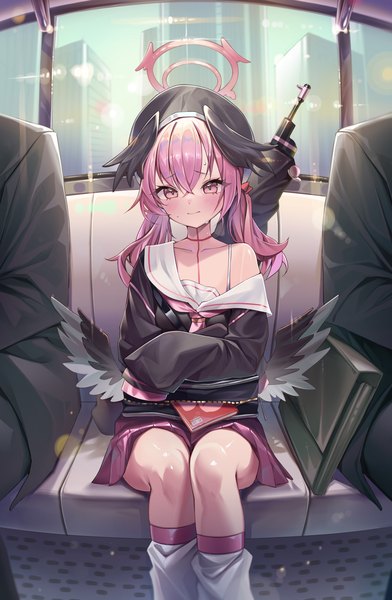 Anime picture 2894x4429 with blue archive koharu (blue archive) netisz long hair tall image fringe highres light erotic hair between eyes sitting twintails pink hair long sleeves pink eyes off shoulder sweat low twintails solo focus black wings head wings